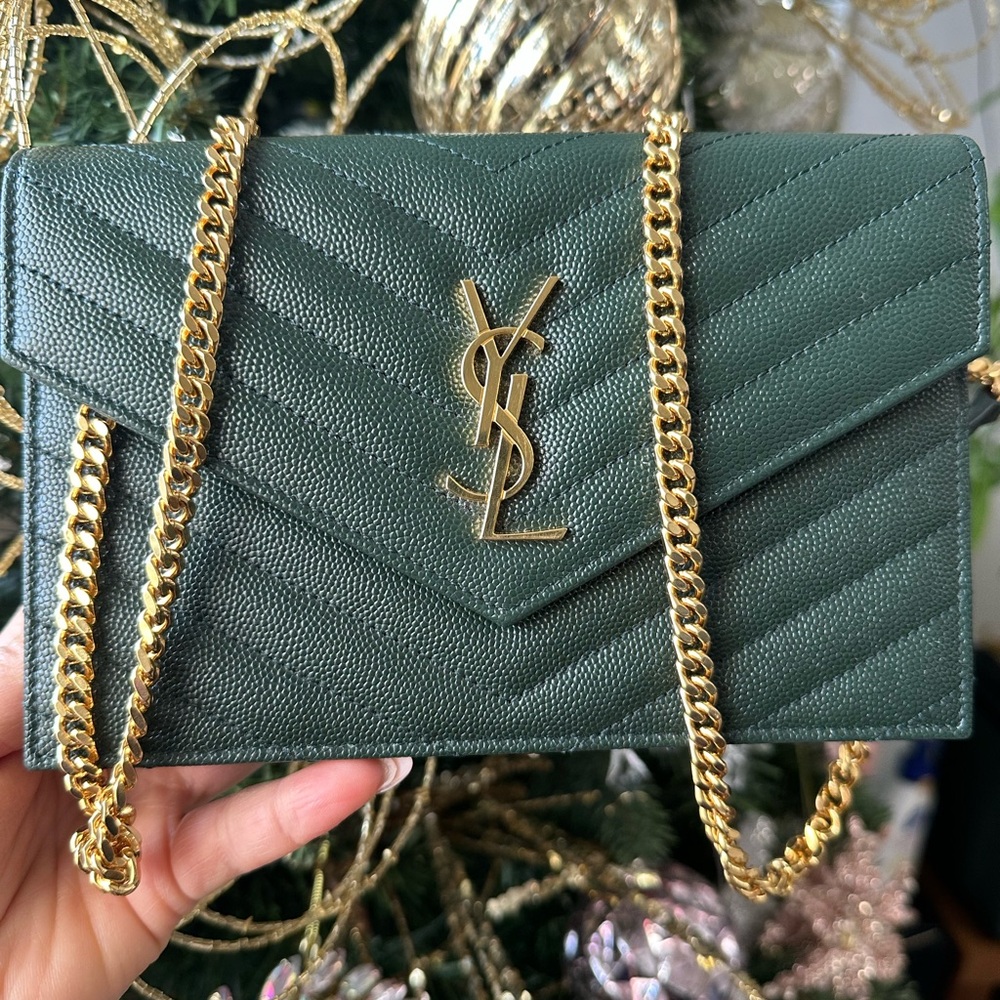 Yves Saint Laurent Dark Green Quilted Clutch with Gold Chain